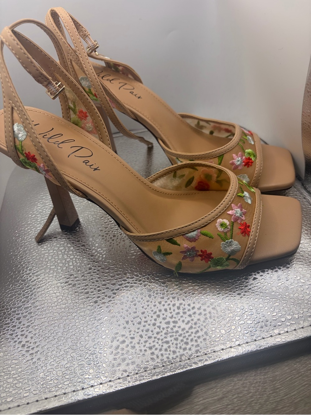 Nude Embroidered Slingback Heels